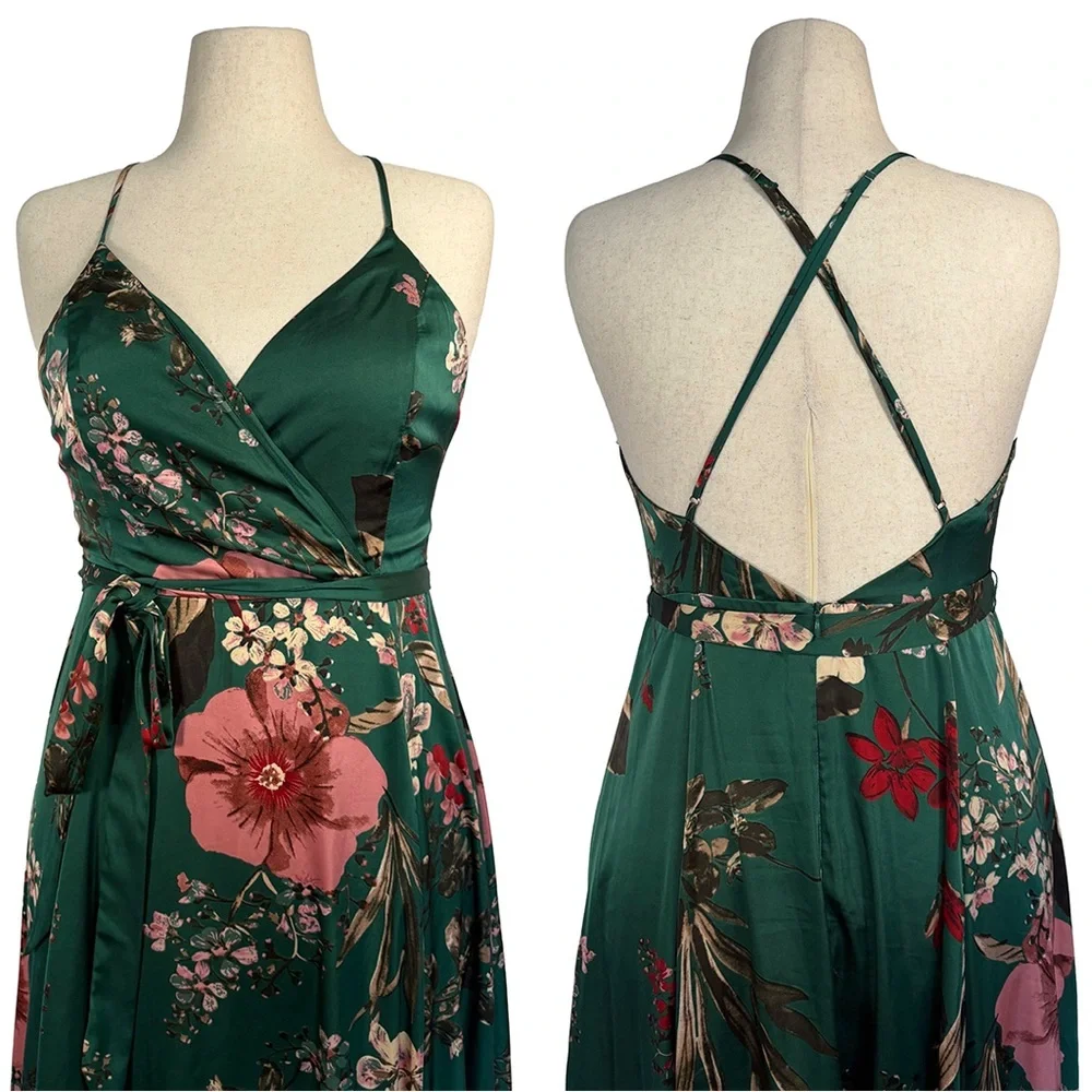 Lulus Still the One Emerald Green Floral Print Satin Maxi Dress | Size Large - Picture 4 of 8